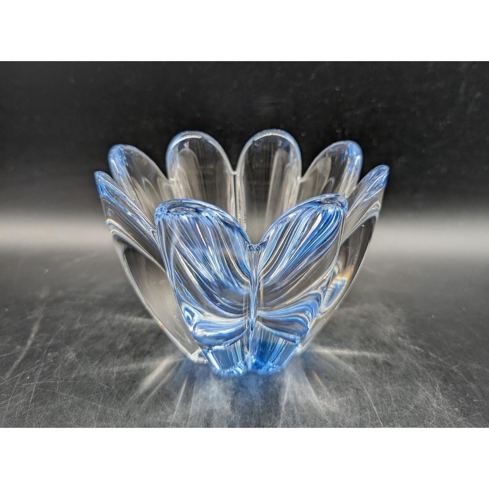 Orrefors Mayflower Crystal Bowl Blue Clear Hand Blown Petal Dish Signed 4"